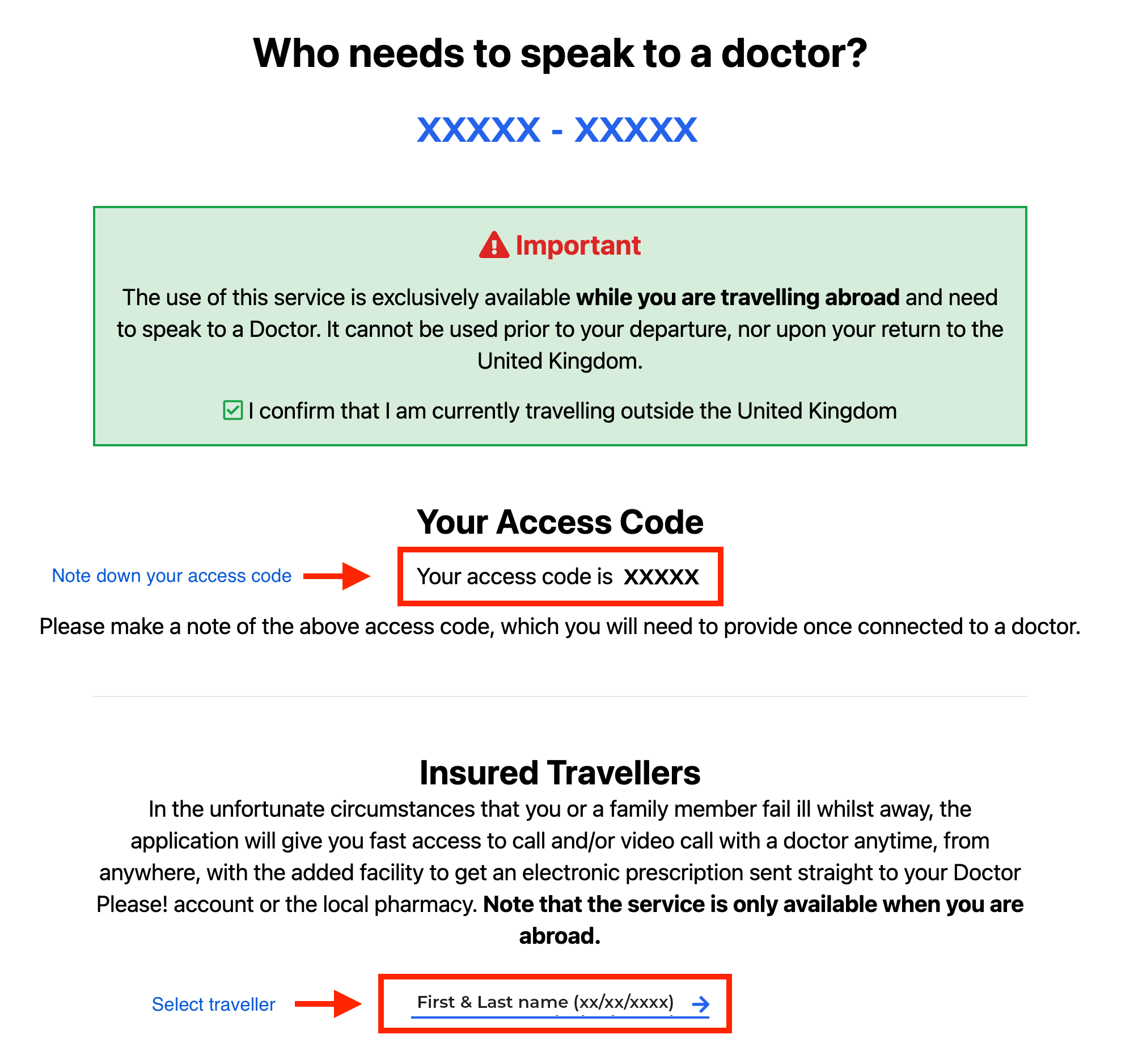 Screenshot showing the position of the access code and traveller selection dropdown